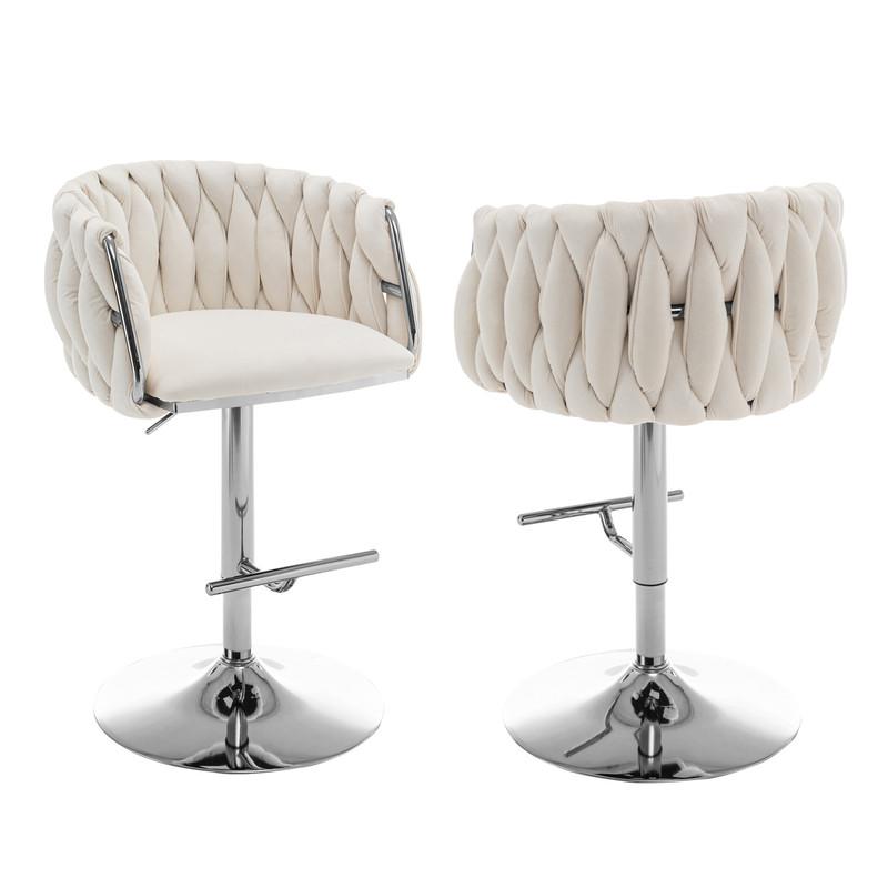 Velvet Upholstered barstool in Cream with Silver color base (SET OF 2). Picture 1