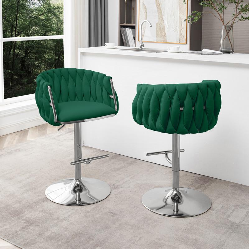 Velvet Upholstered barstool in Emerald green with Silver color base (SET OF 2). Picture 3