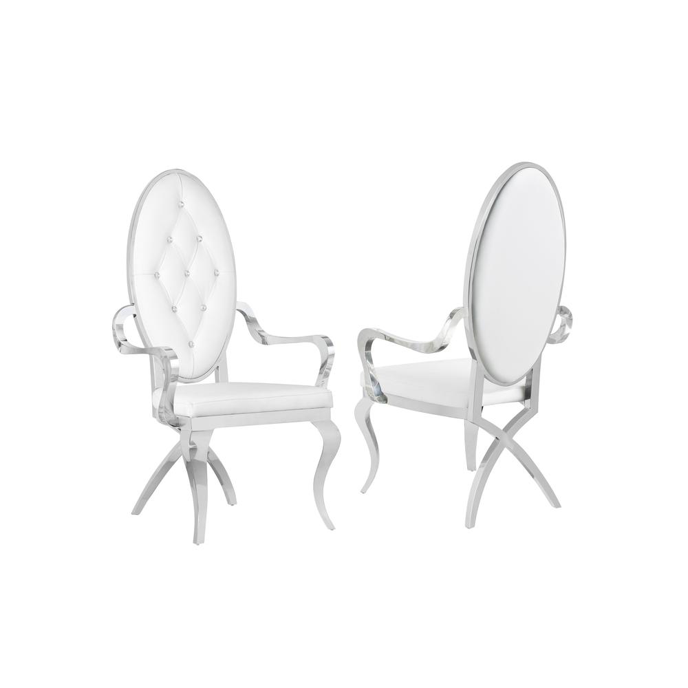 White Marble 9pc Set Tufted Faux Crystal Chairs and Arm Chairs in White Faux Leather. Picture 2