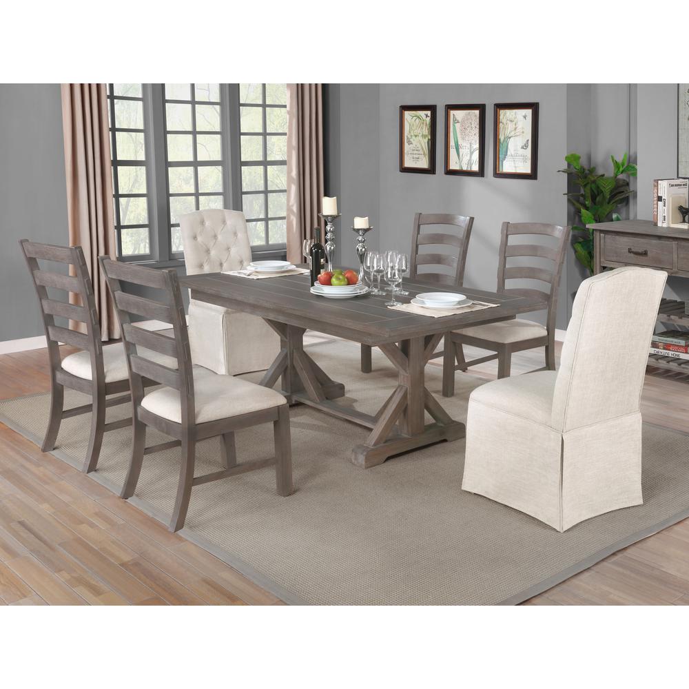 7pc Dining Set- Table w/ 34" Trestle, 2 Tufted Skirted Chairs & 4 Side Chairs. Picture 1