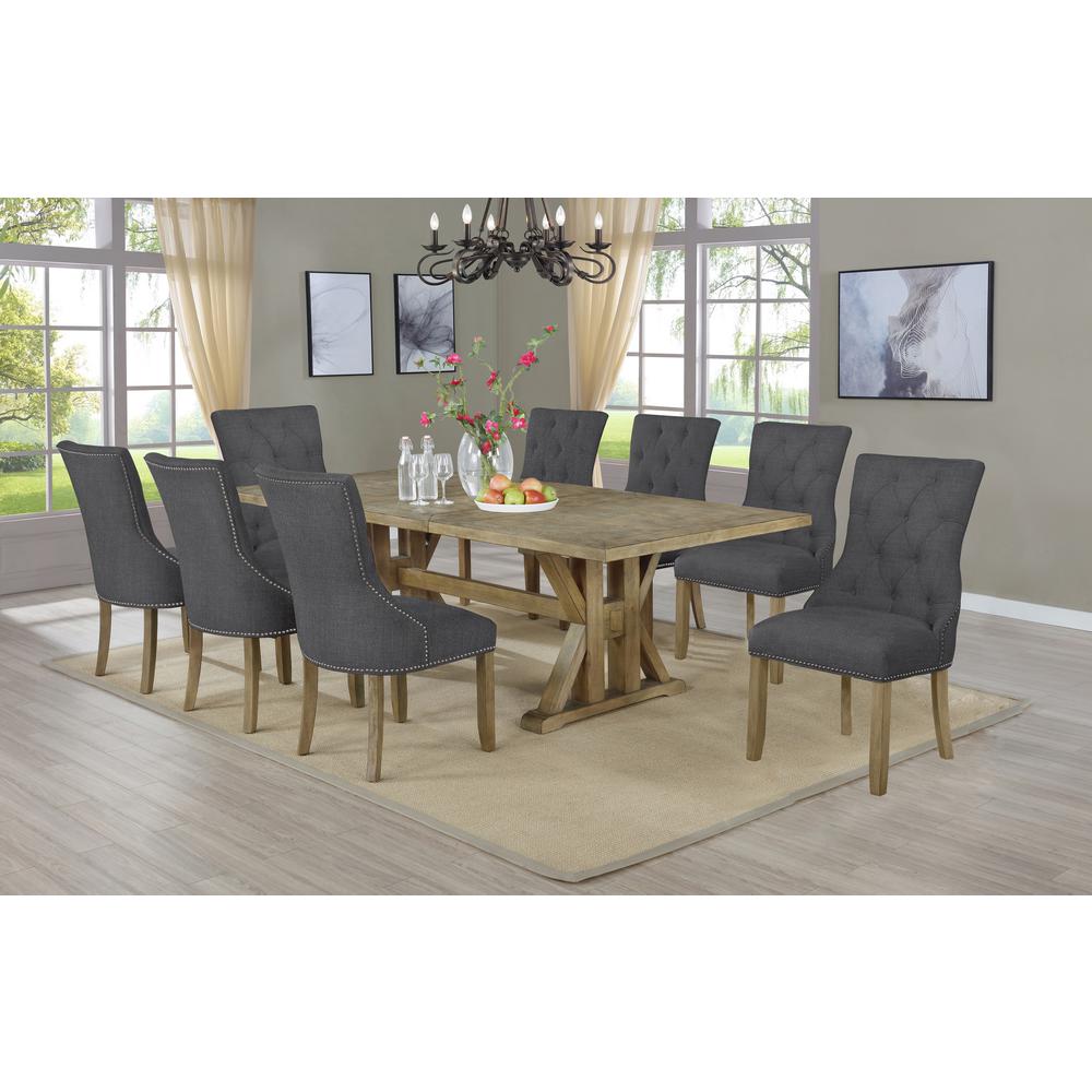 Classic 9pc Dining Set with Extendable Dining Table w/Center 24" Leaf and Uph Side Chairs Tufted & Nailhead Trim, Dark Grey. Picture 1