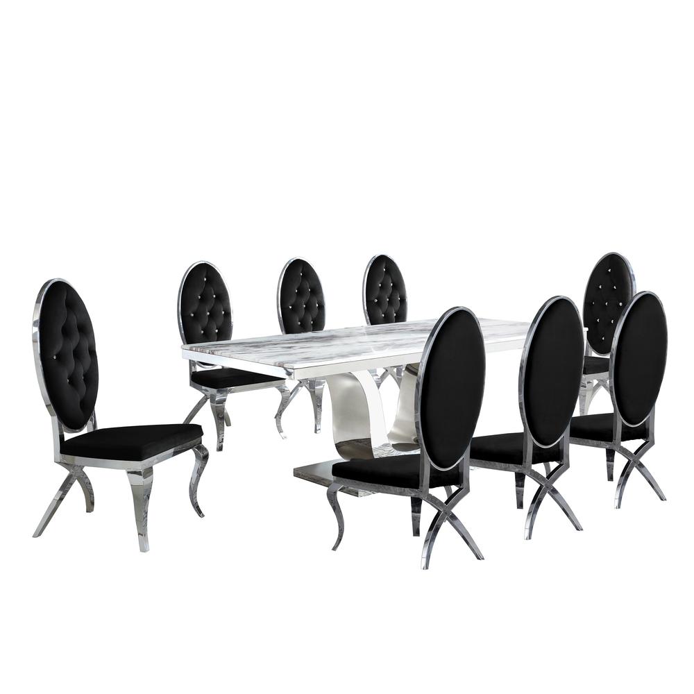 White Marble 9pc Set Tufted Faux Crystal Chairs in Black Velvet. Picture 1