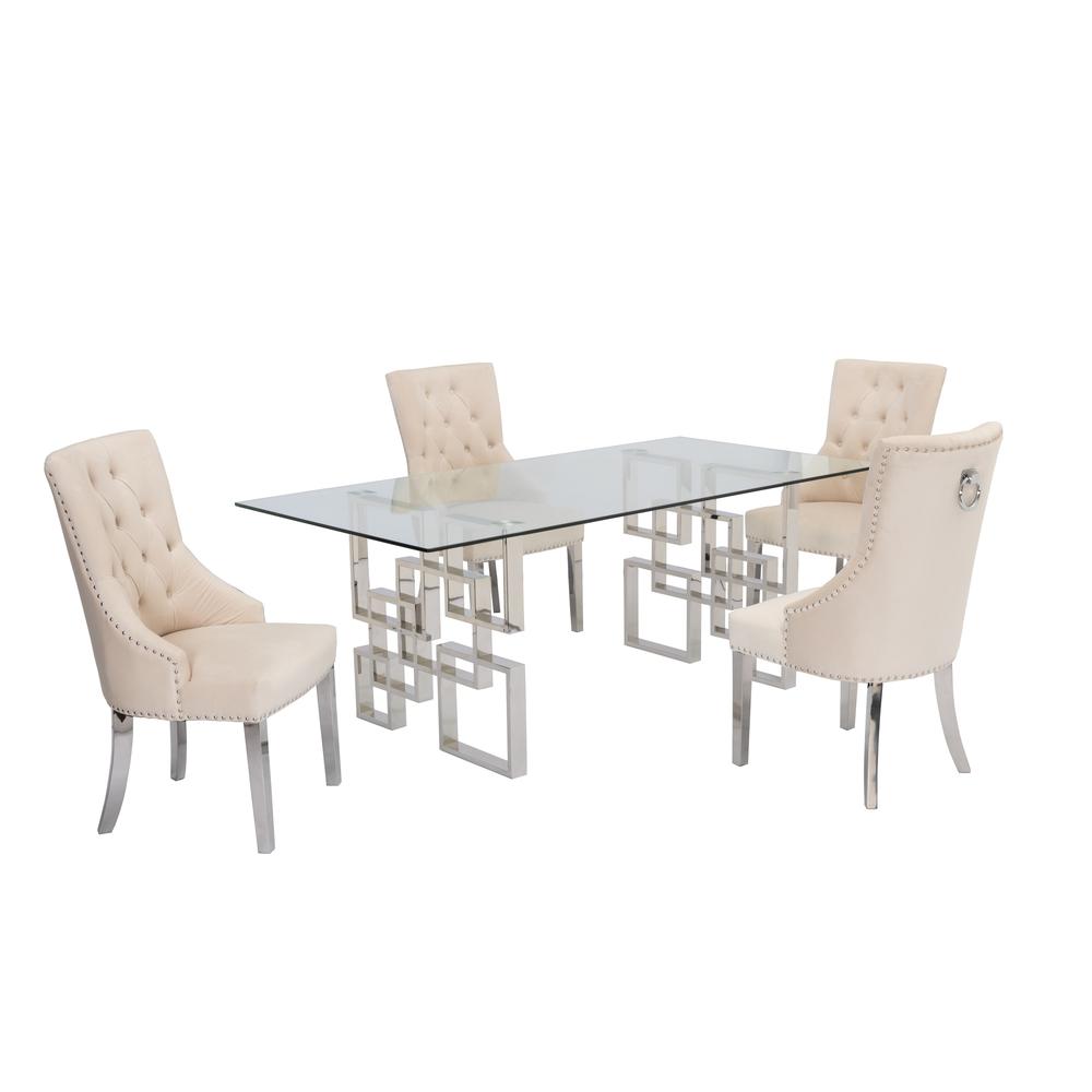 Stainless Steel 5 Piece Dining Set, Tufted Velvet w/ Ring Handle Chairs 769. Picture 3