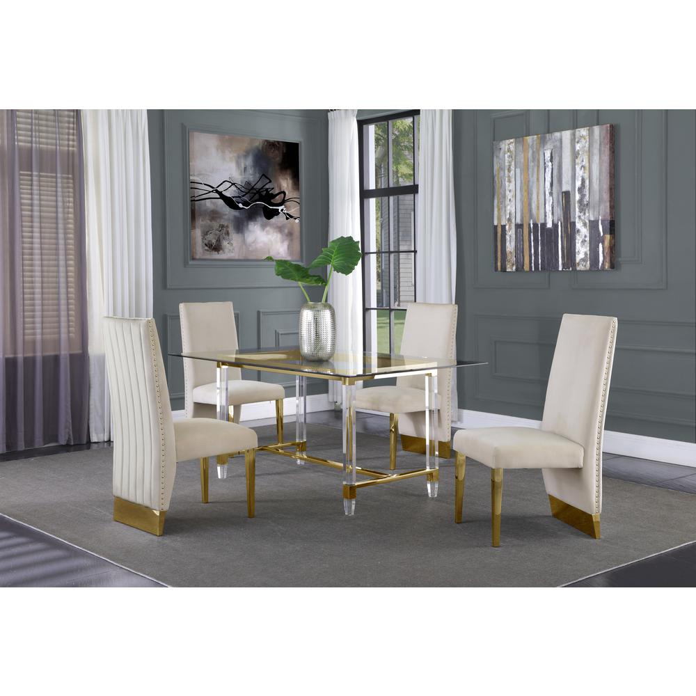 Acrylic Glass 5pc Gold Set Pleated Chairs in Beige Velvet. The main picture.