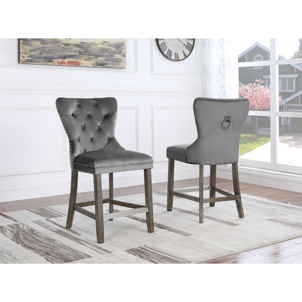 24" dark grey velvet counter height chairs with wood base. Picture 2