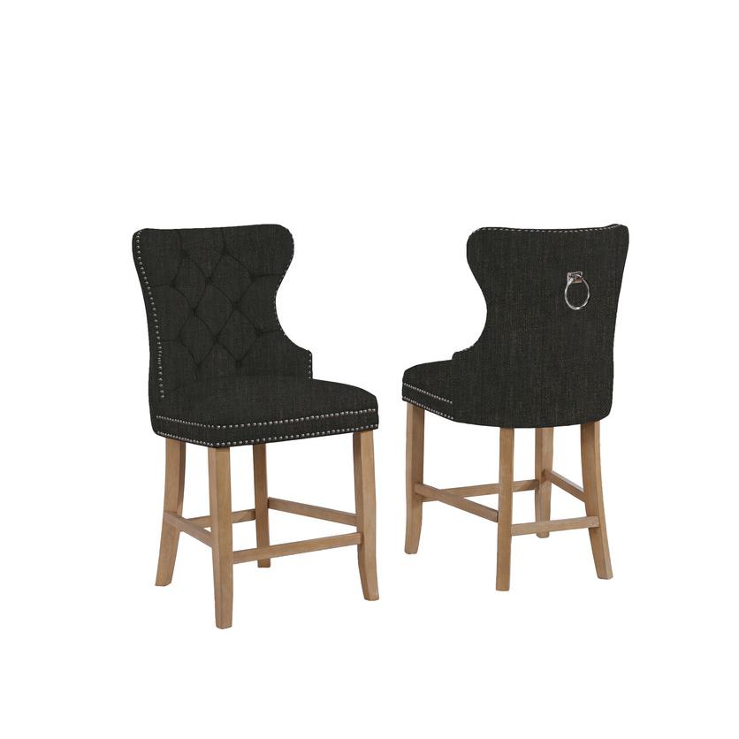 Dark Gray Linen Counterheight Chairs with Rustic Wood. Picture 1