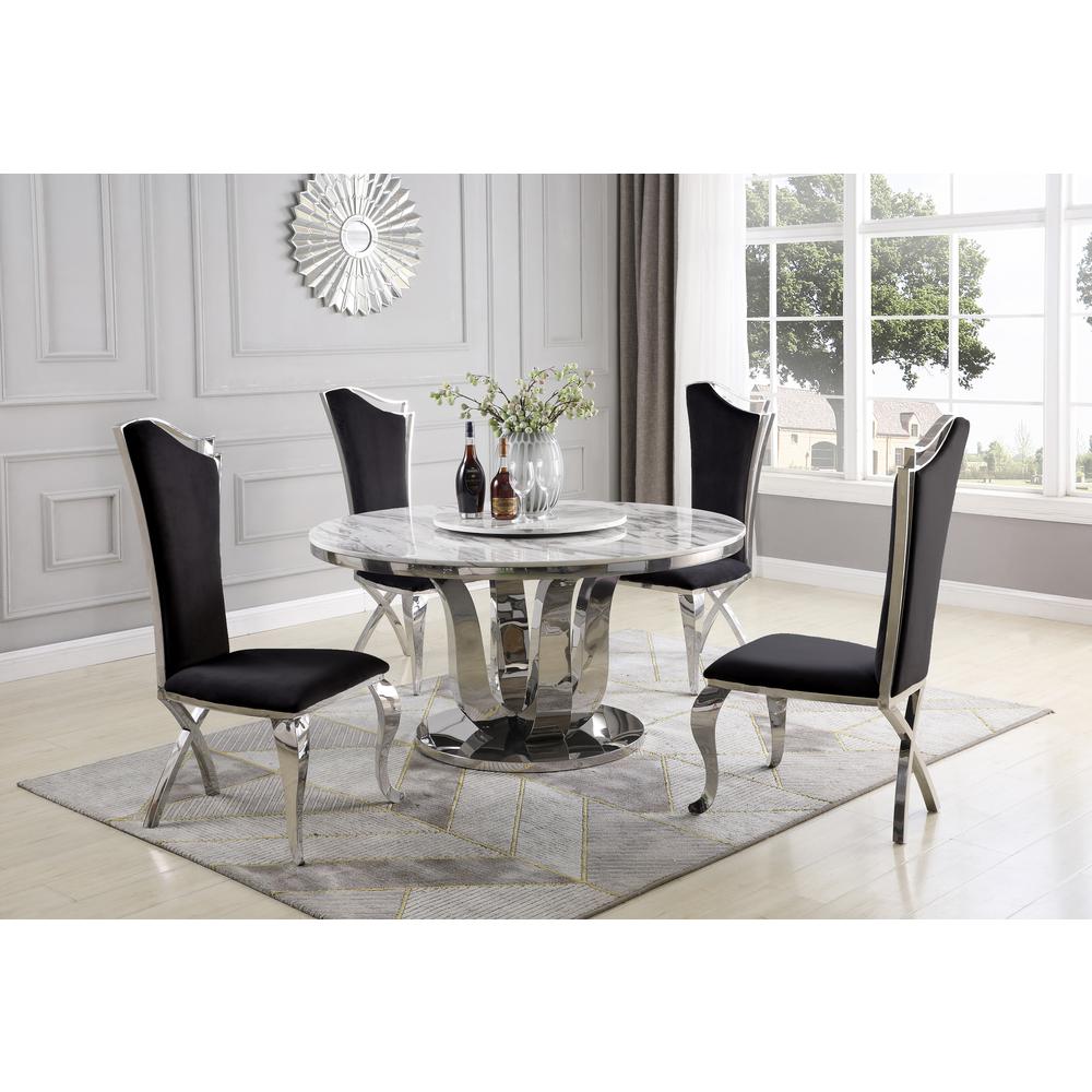 White Lazy-Susan Dining Set, Round Marble Table with Navy Blue Velvet Chairs. Picture 1