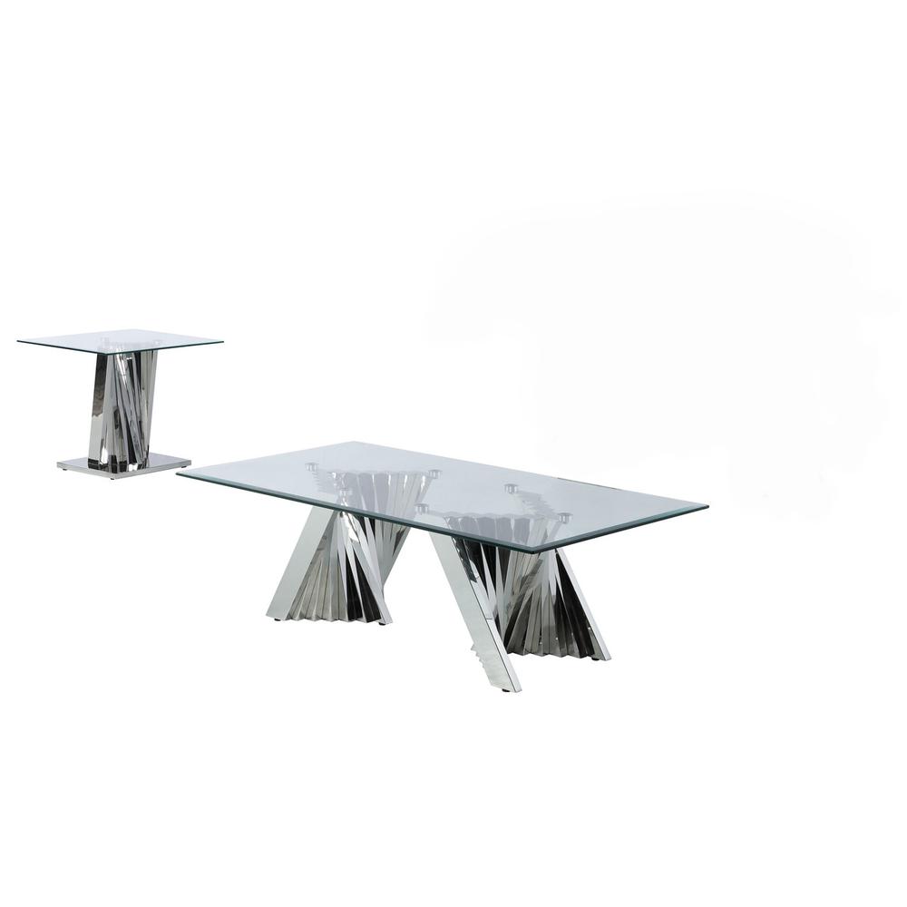 Glass Coffee Table Sets: Coffee Table and End Table with Stainless Steel Base. Picture 1