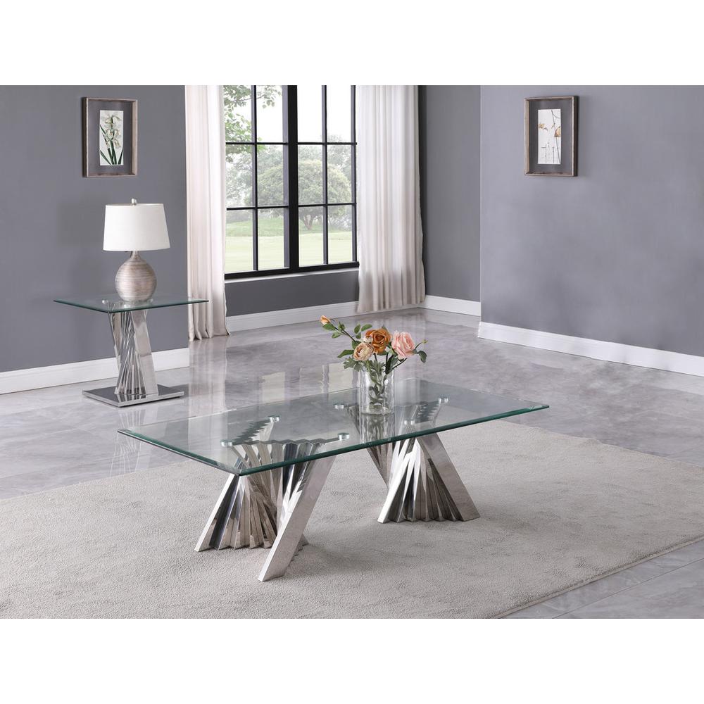Glass Coffee Table Sets: Coffee Table and End Table with Stainless Steel Base. Picture 2