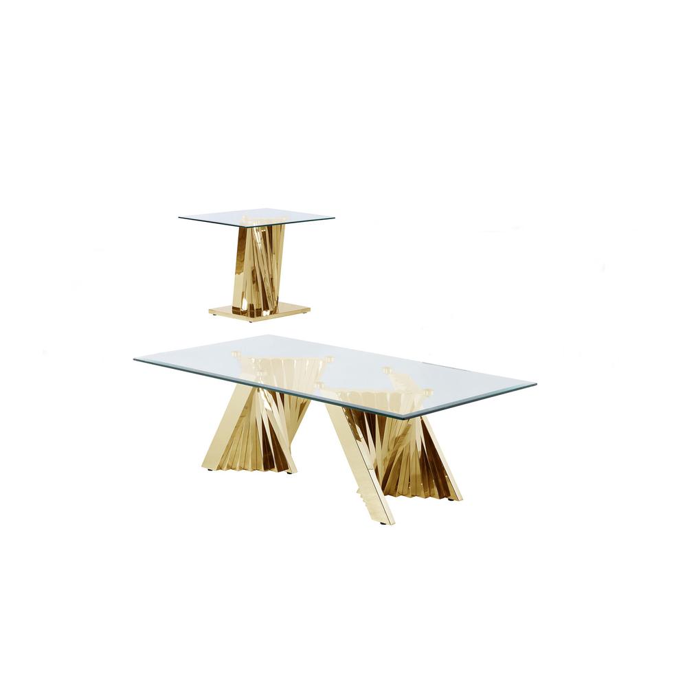 Glass Coffee Table Sets: Coffee Table and End Table with Stainless Steel Gold Base. Picture 1