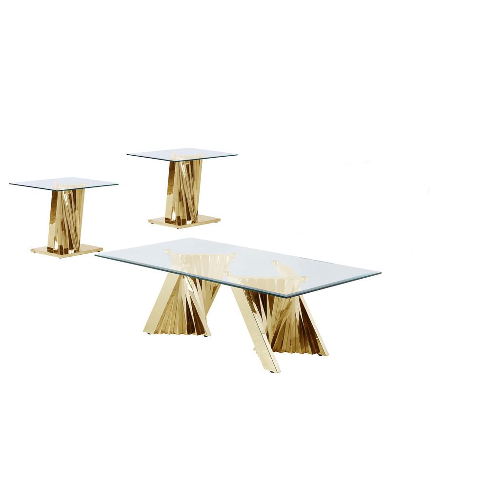 Glass Coffee Table Sets: Coffee Table and 2 End Tables with Stainless Steel Gold Base. Picture 1