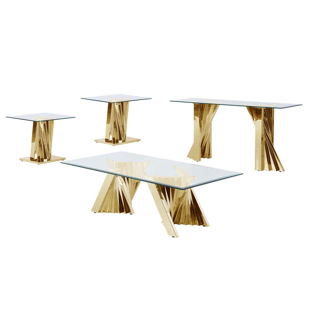 Glass Coffee Table Sets: Coffee Table, 2 End Tables and Console Table with Stainless Steel Gold Base. Picture 1