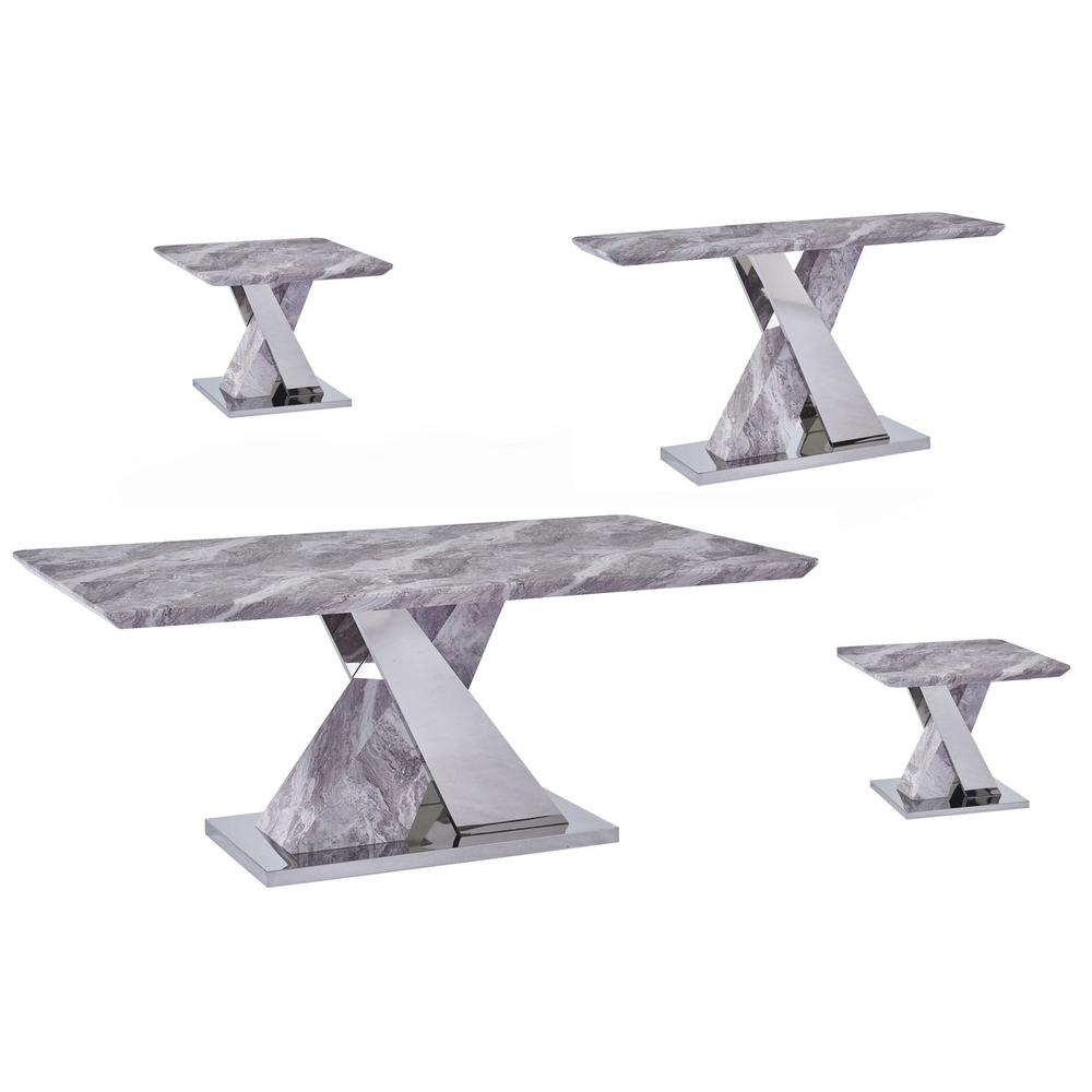 White Faux Marble Coffee Table Set: Coffee Table, 2 End Tables, Console Table w/Stainless Steel X-Base. Picture 1