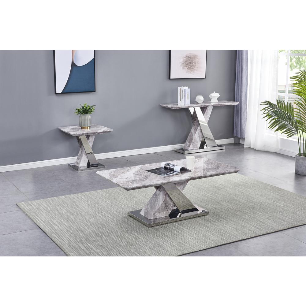 White Faux Marble Coffee Table Set: Coffee Table, End Table, Console Table w/Stainless Steel X-Base. Picture 5