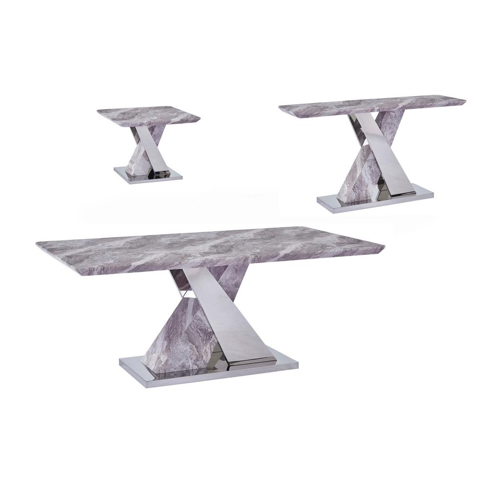 White Faux Marble Coffee Table Set: Coffee Table, End Table, Console Table w/Stainless Steel X-Base. Picture 1