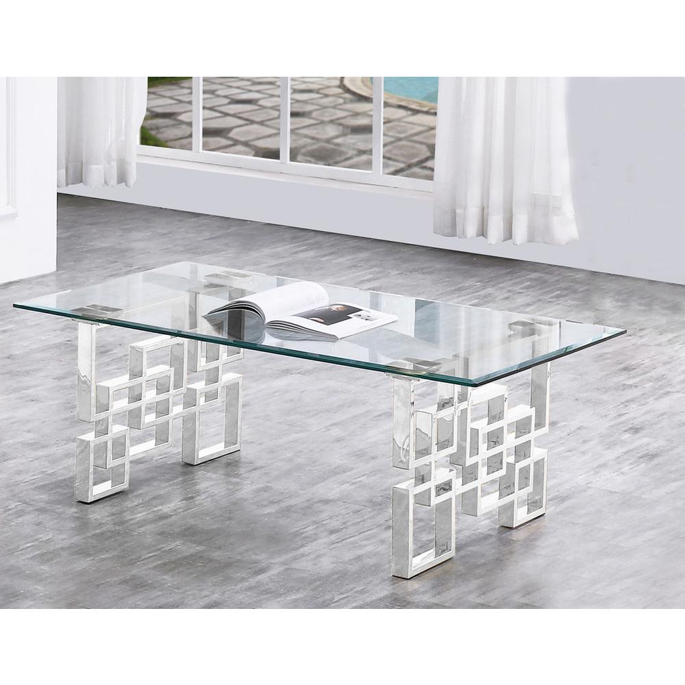 Clear Glass Coffee Table with Silver Stainless Steel legs. Picture 2