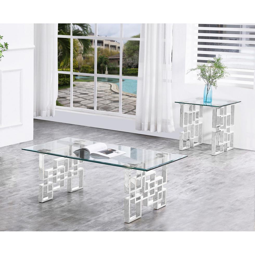 2 Piece Clear Glass Coffee Table with Silver stainless Steel legs and Matching End Table. Picture 2
