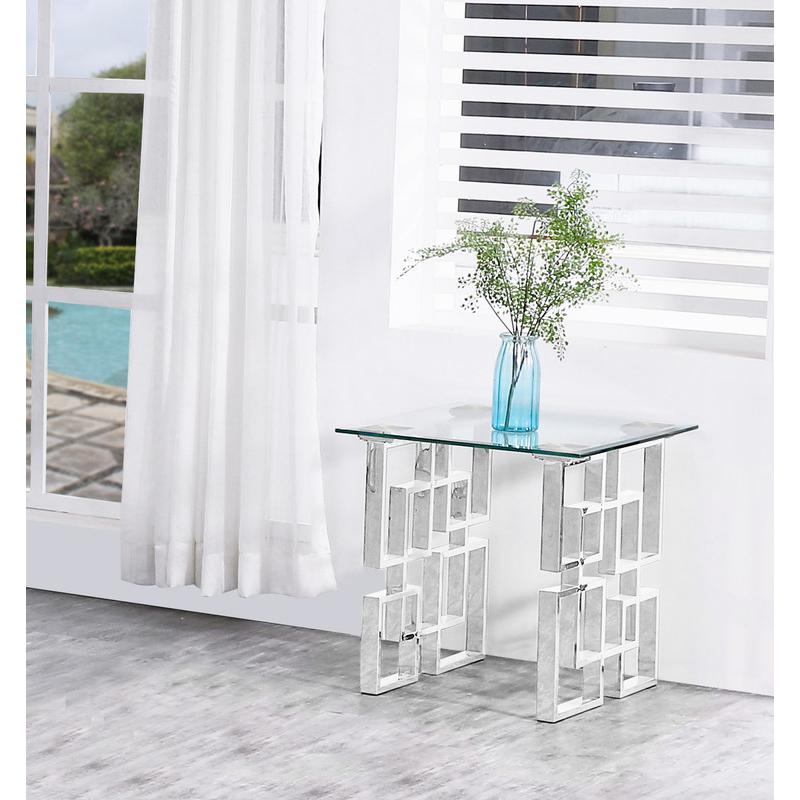 Clear Glass End Table with Silver Stainless Steel legs. Picture 1