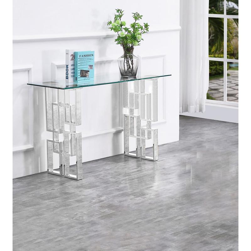 Clear Glass Console Table With Silver Stainless Steel legs. Picture 1