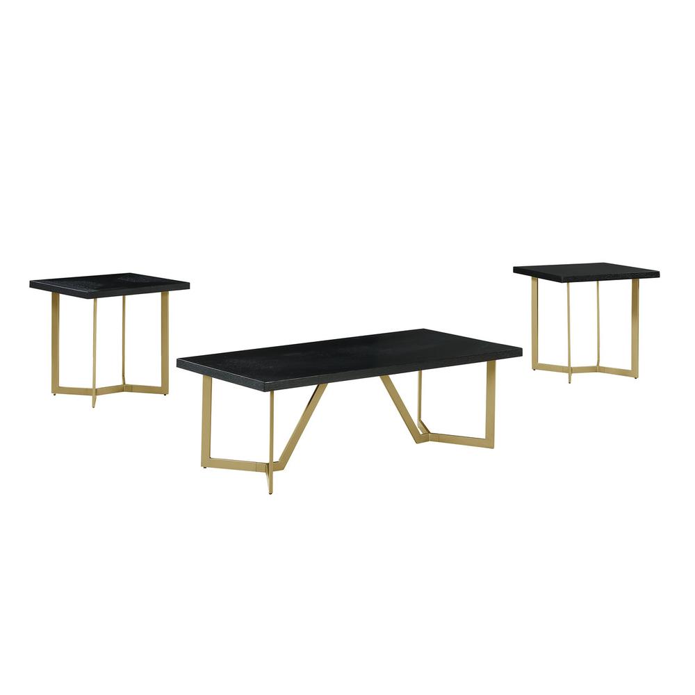 3pc Black wood top coffee table set w/gold color iron base (1Coffee+2end table). Picture 1