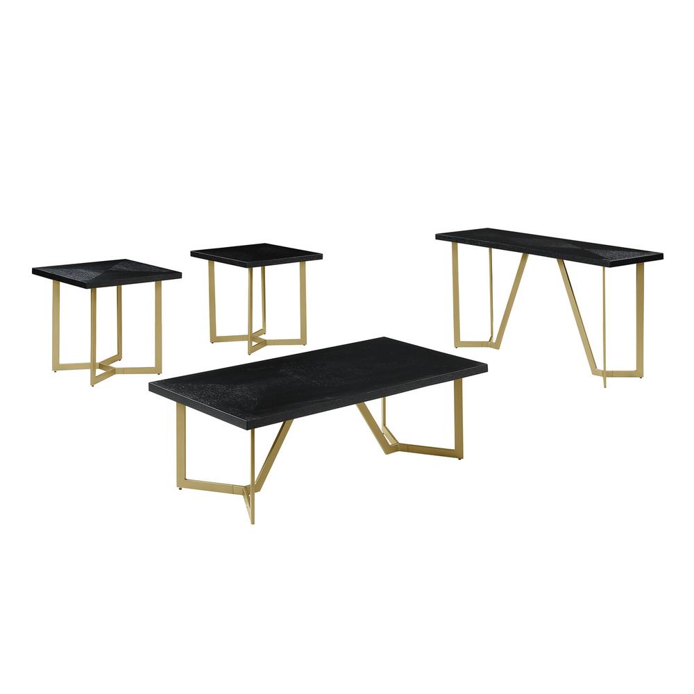 4pc Black wood top coffee table set w/ gold color iron base (1 coffee+2End+1console table). Picture 1