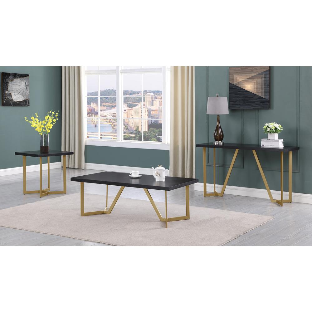 3pc Black wood top coffee table set w/gold color iron base (1Coffee+1End+1console table). Picture 5