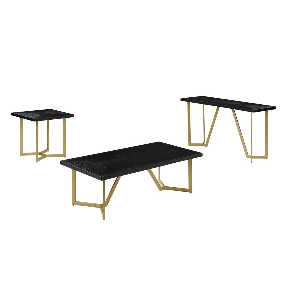 3pc Black wood top coffee table set w/gold color iron base (1Coffee+1End+1console table). Picture 1