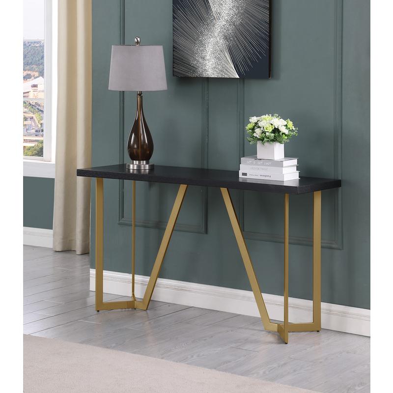 Black wood top console table w/ gold color iron legs. Picture 2