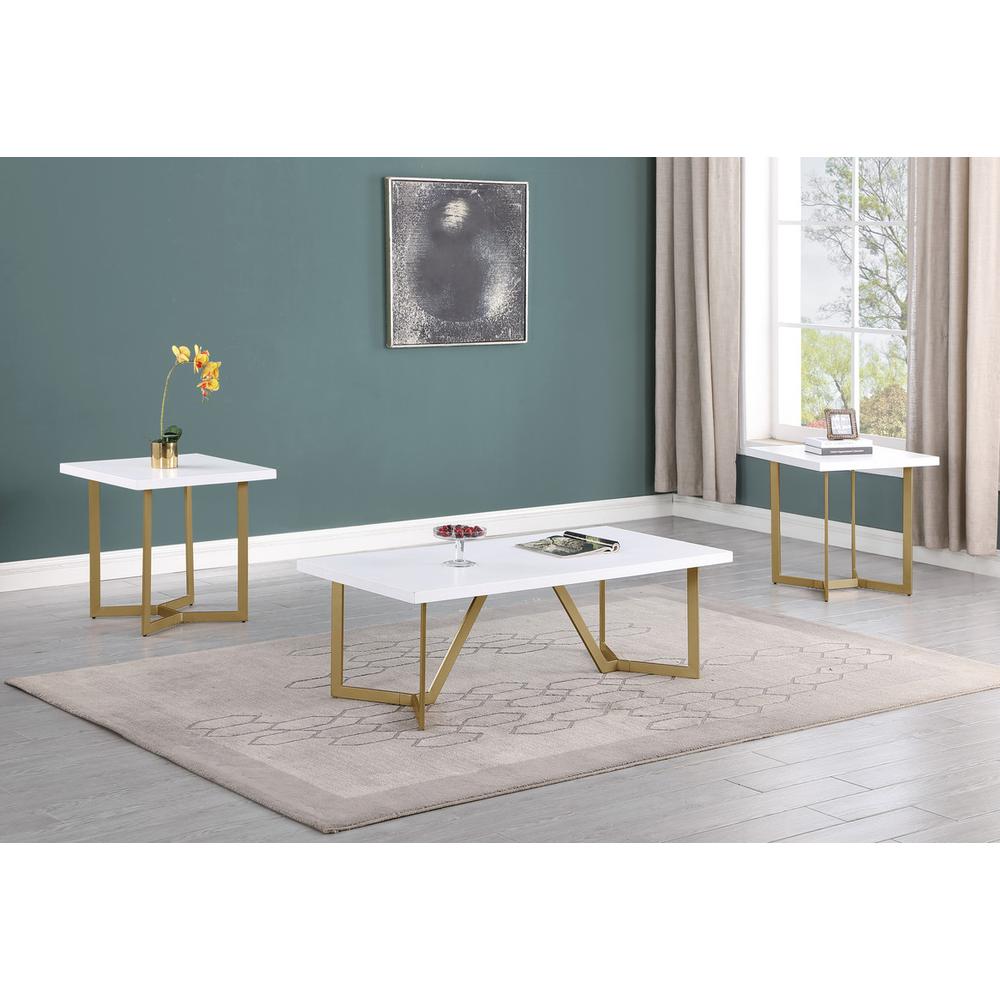 3pc White wood top coffee table set w/gold color iron base (1Coffee+2end table). Picture 4