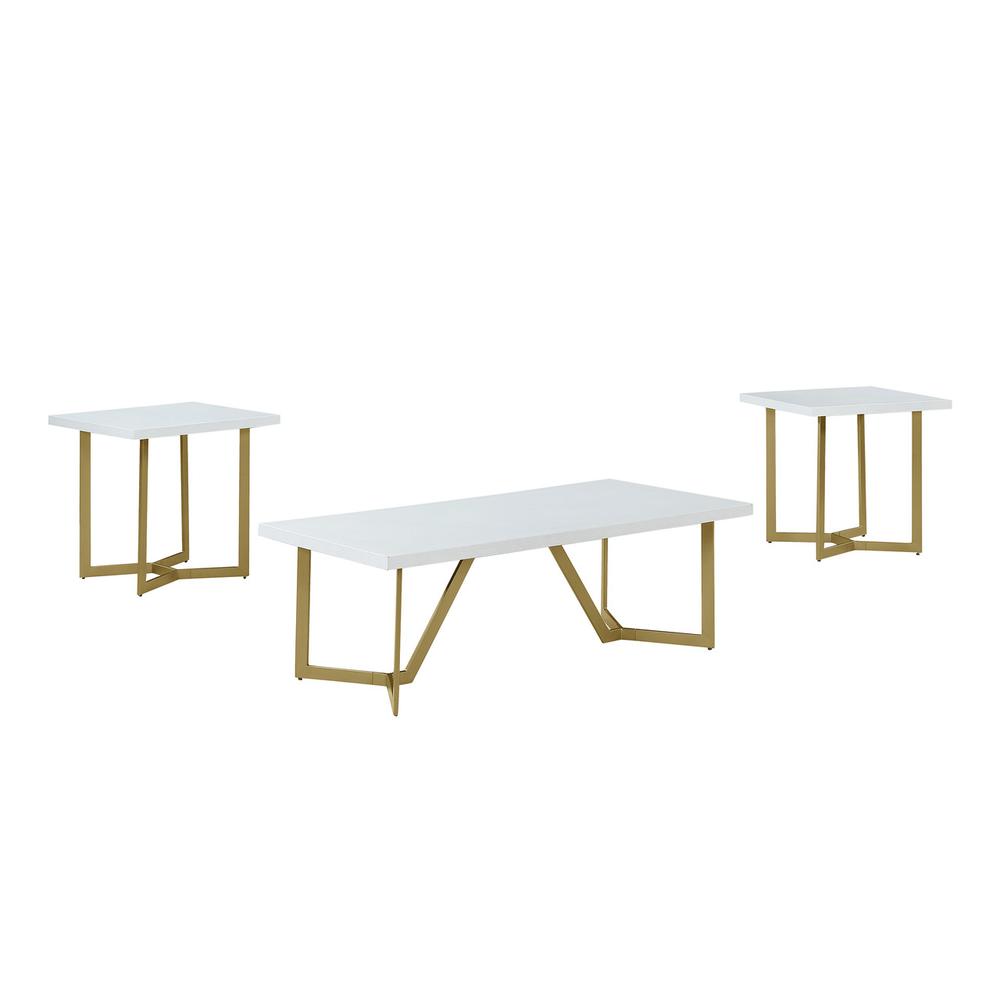 3pc White wood top coffee table set w/gold color iron base (1Coffee+2end table). Picture 1