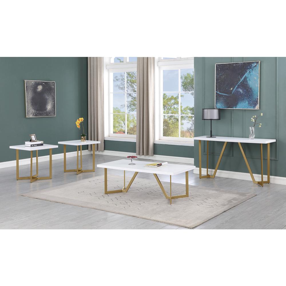 4pc white wood top coffee table set w/ gold color iron base (1 coffee+2End+1console table). Picture 5