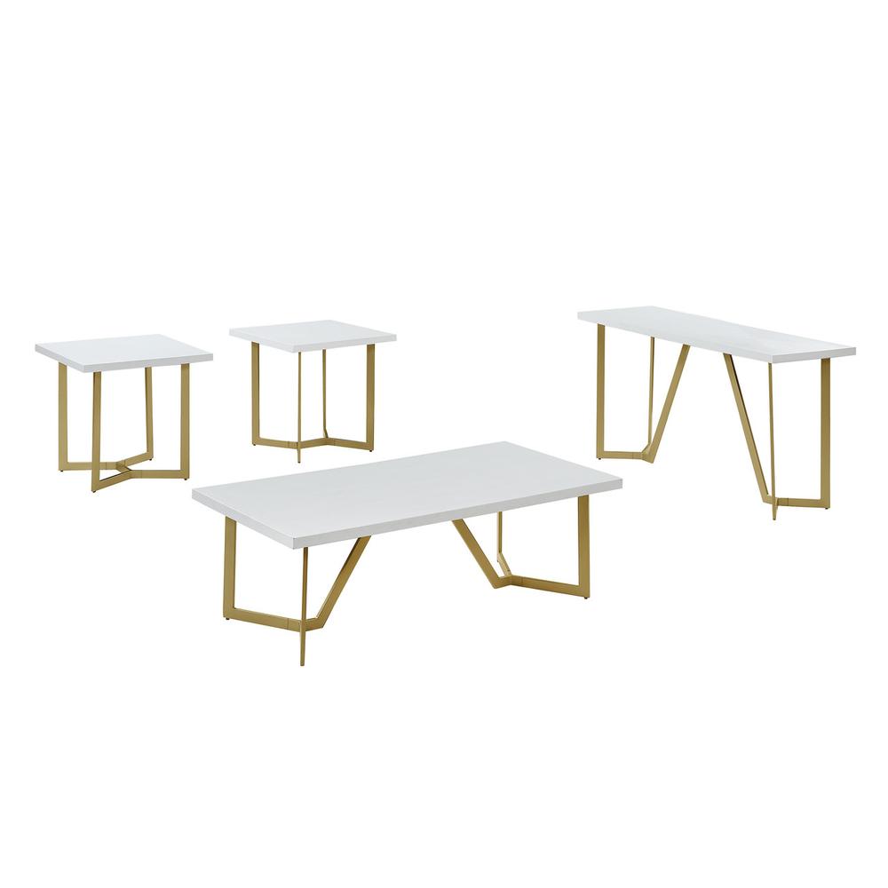 4pc white wood top coffee table set w/ gold color iron base (1 coffee+2End+1console table). Picture 1
