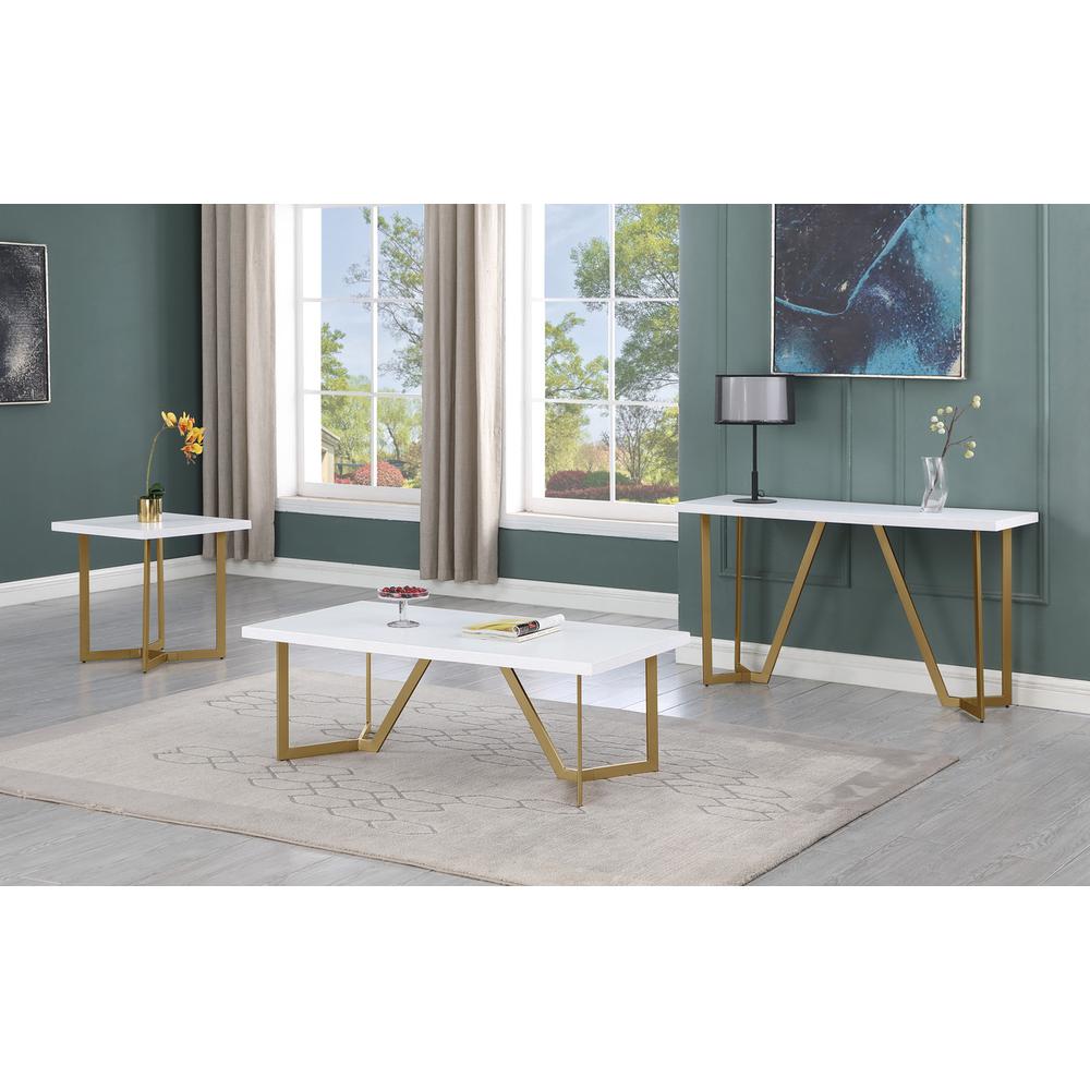 3pc White wood top coffee table set w/gold color iron base (1Coffee+1End+1console table). Picture 5