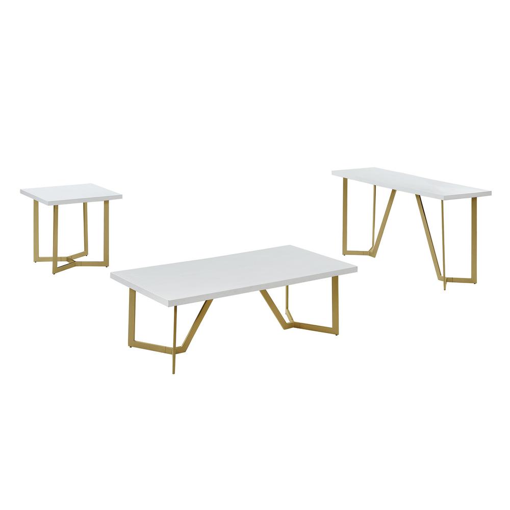 3pc White wood top coffee table set w/gold color iron base (1Coffee+1End+1console table). Picture 1