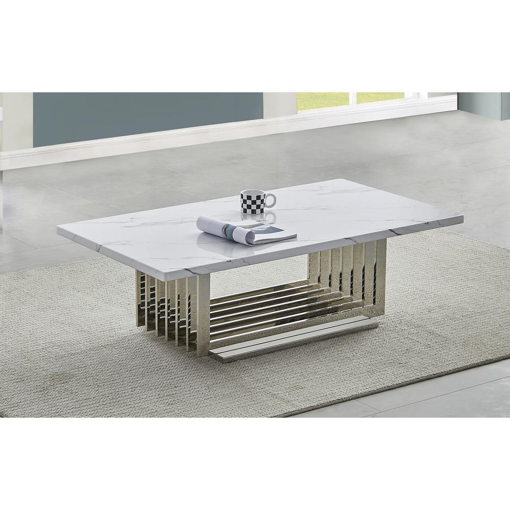 White marble top coffee table with a silver color stainless steel base. Picture 3