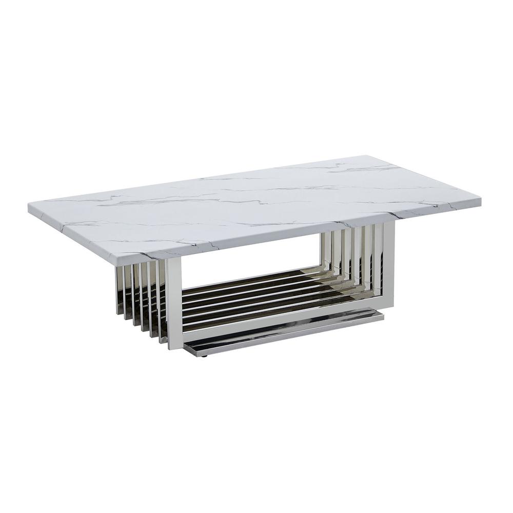 White marble top coffee table with a silver color stainless steel base. Picture 1