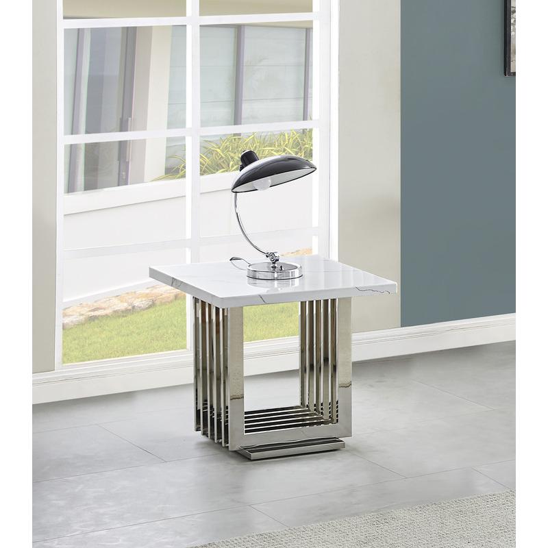 White marble top end table with a silver color stainless steel base. Picture 3