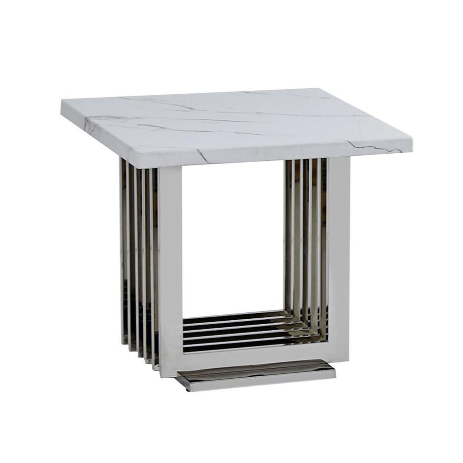 White marble top end table with a silver color stainless steel base. Picture 1