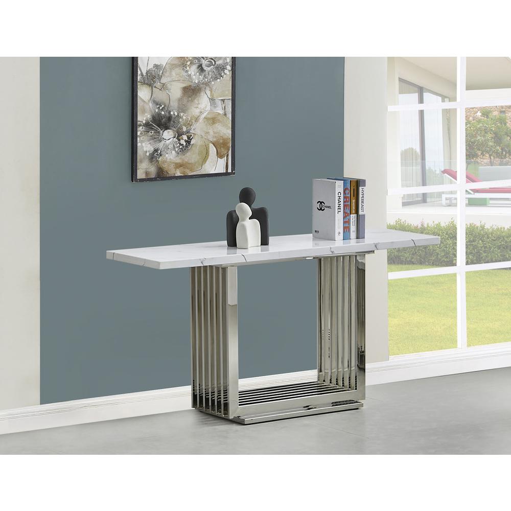 White marble top console table with a silver color stainless steel base. Picture 3