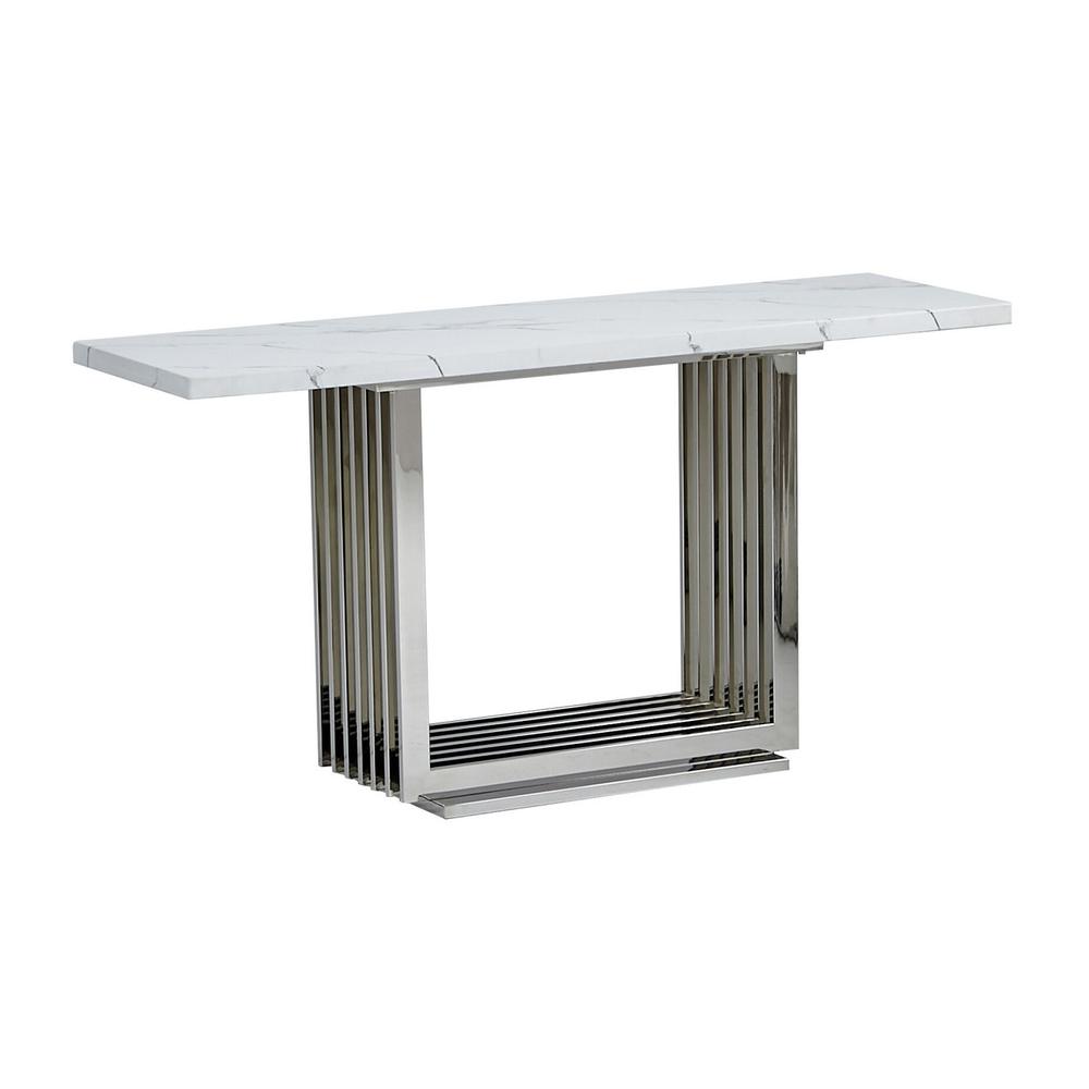 White marble top console table with a silver color stainless steel base. Picture 1
