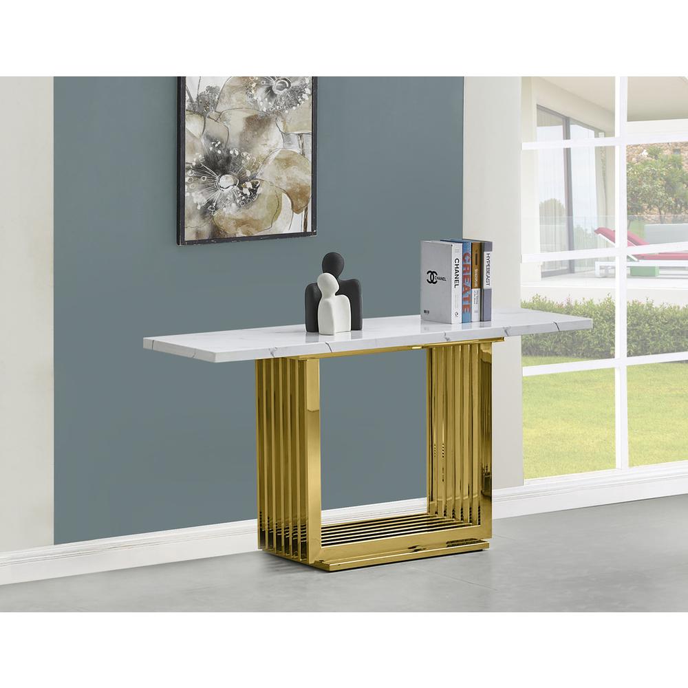 White marble top console table with gold color stainless steel base. Picture 4