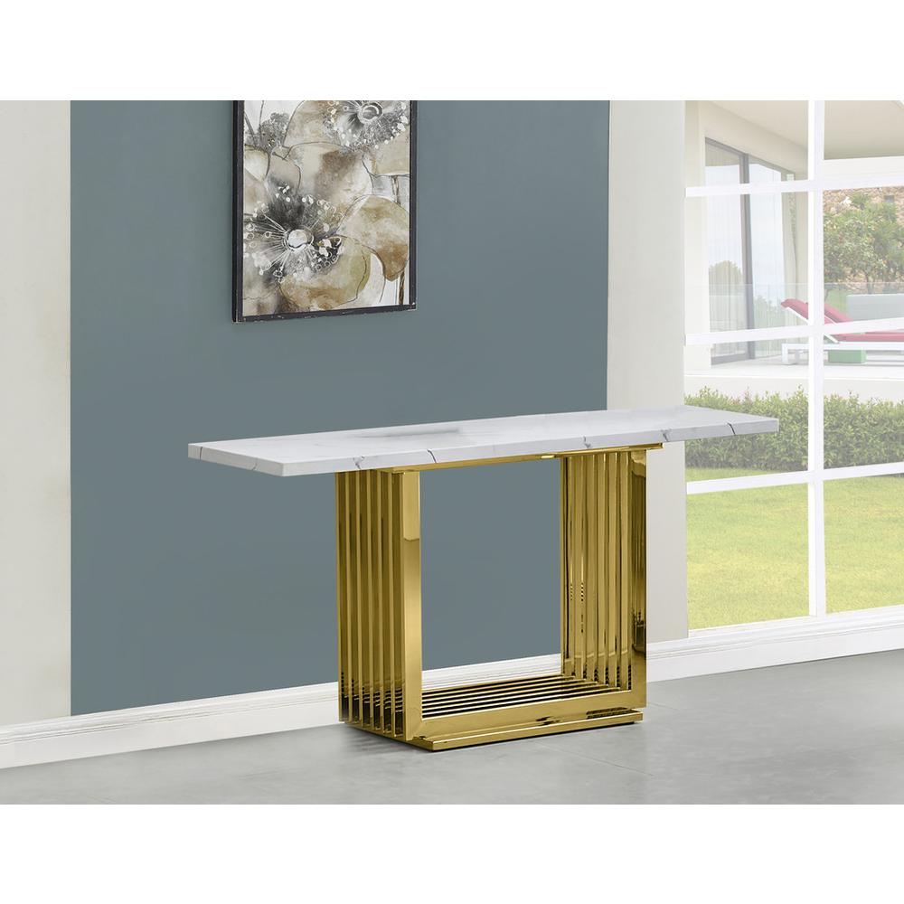 White marble top console table with gold color stainless steel base. Picture 3