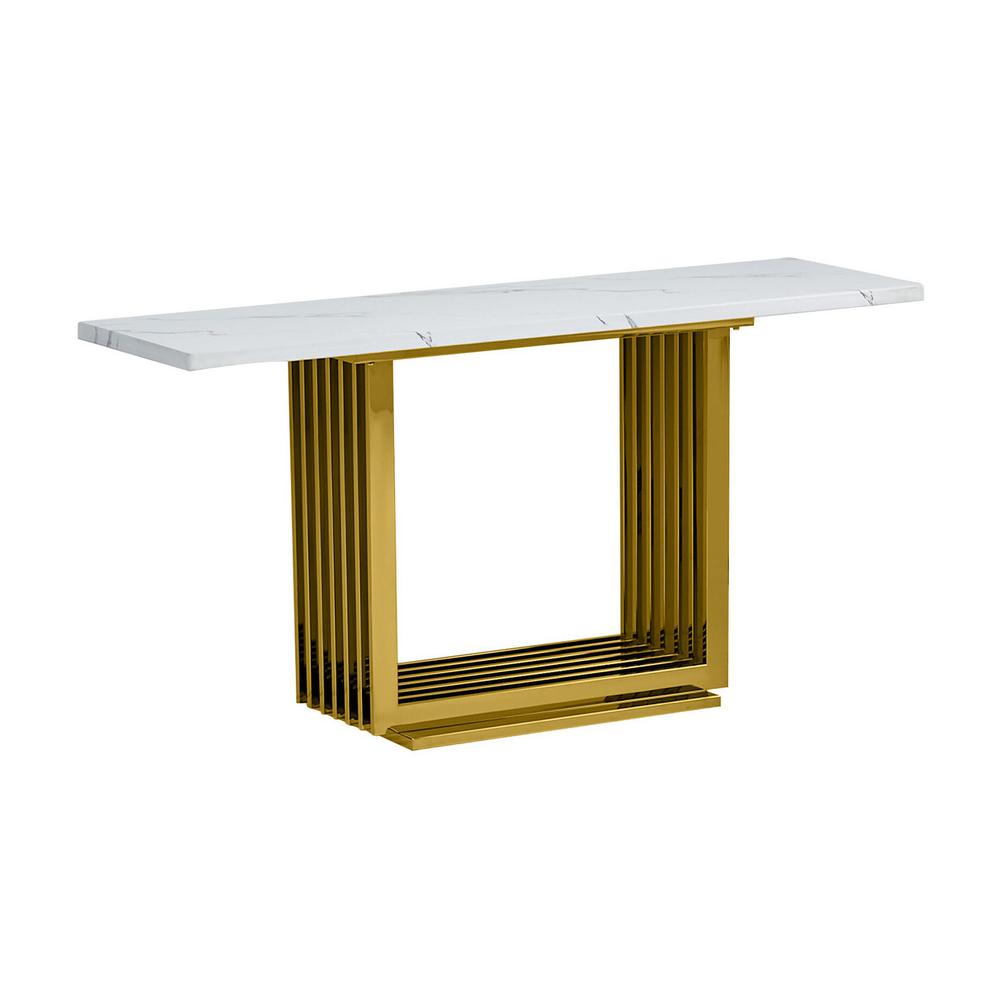 White marble top console table with gold color stainless steel base. Picture 1