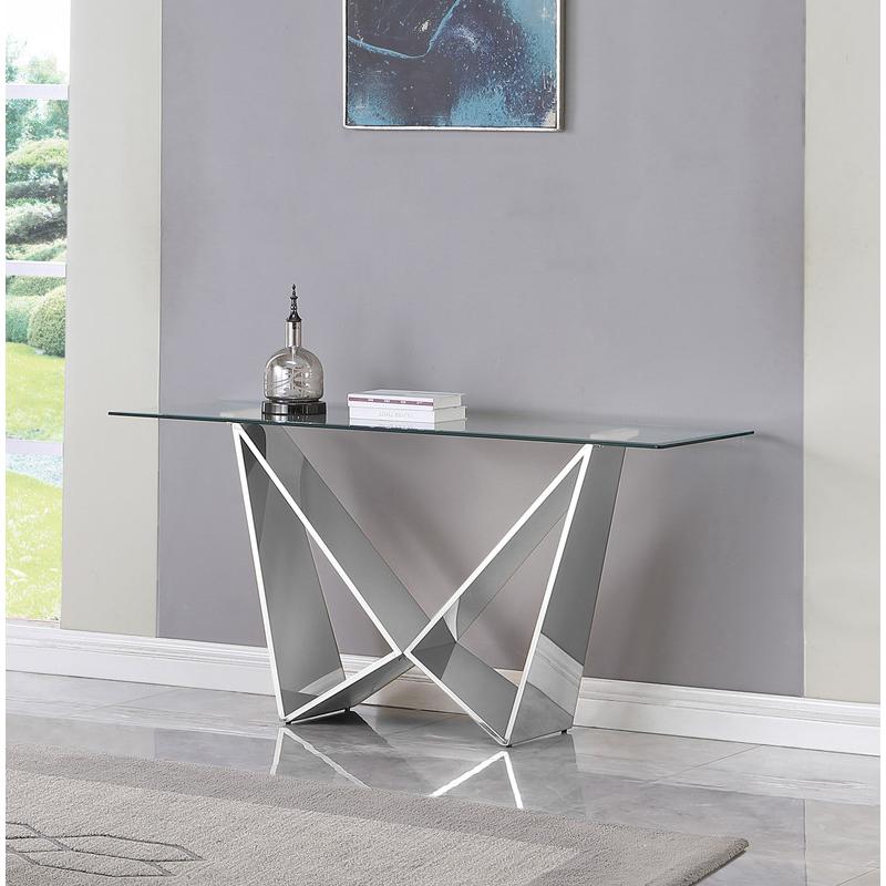 Clear glass Console table with a silver color  base. Picture 2