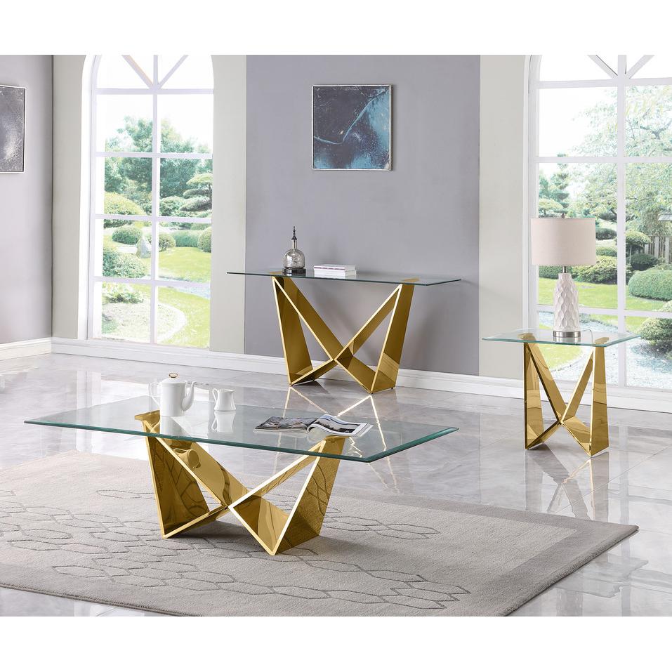3pc clear glass coffee table set with gold base (Coffee + End + Console table). Picture 5