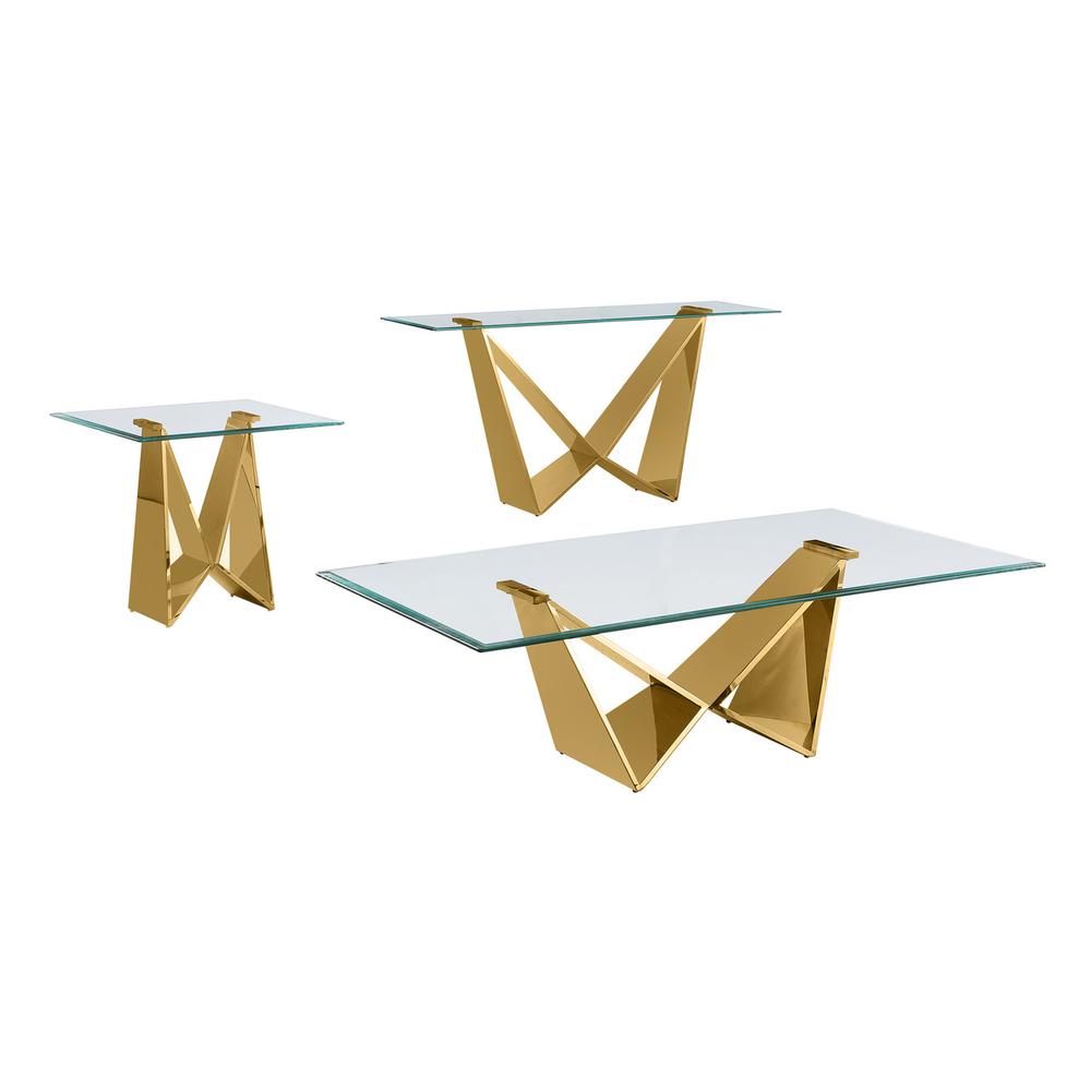 3pc clear glass coffee table set with gold base (Coffee + End + Console table). Picture 1