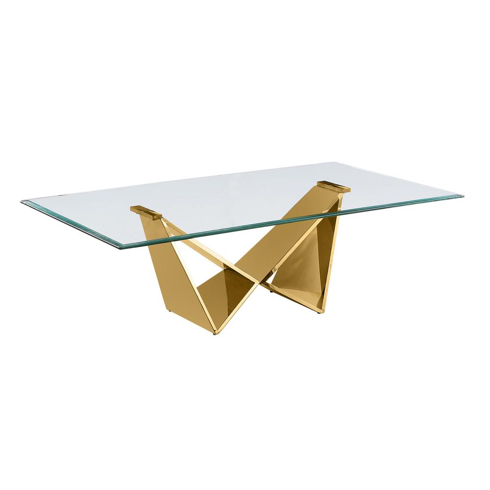 Clear glass Coffee table with a gold color base. Picture 1