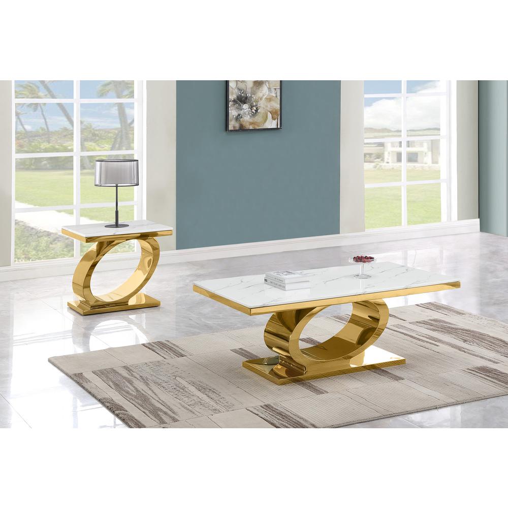 2pc White marble coffee table set with gold color base (1 Coffee+ 1 End table). Picture 2