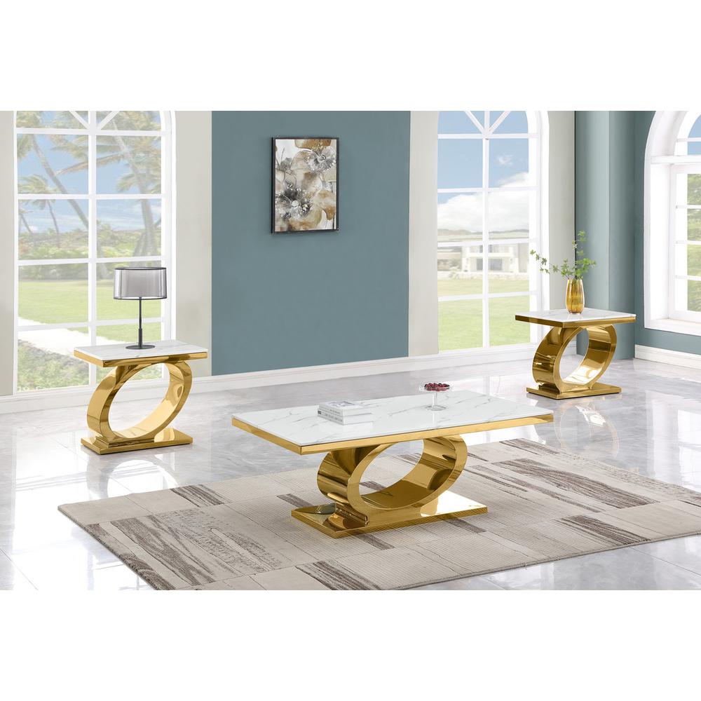 3pc White marble coffee table set with gold color base (1 Coffee+2 End tables). Picture 2