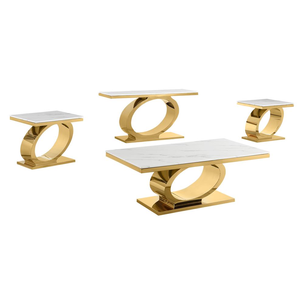 4pc White marble coffee table set with gold color base. Picture 1